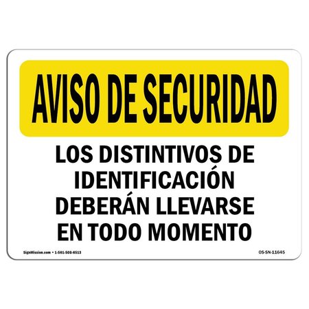 SIGNMISSION OSHA SECURITY Sign, Security Badges Must Worn Spanish, 10in X 7in Decal, 10" W, 7" H, Landscape OS-SN-D-710-L-11645